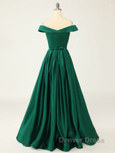 A-Line Green Off Shoulder Long Prom Dresses, Green Formal Evening Dresses